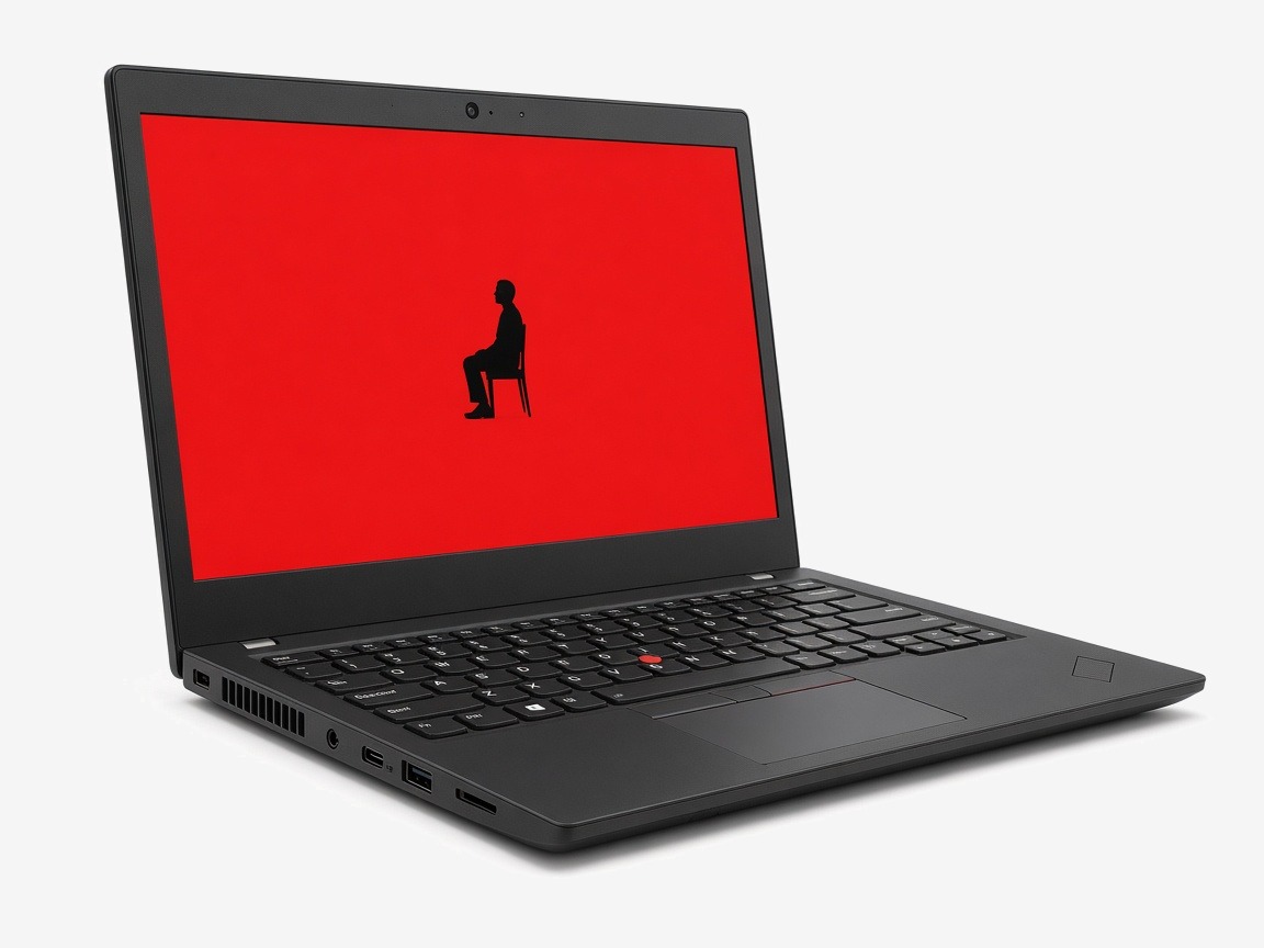 Lenovo ThinkPad T480 otevřený s červenou plochou na displeji