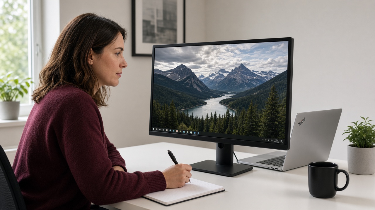 Práce u stolu s monitorem a ThinkPad X1 Yoga
